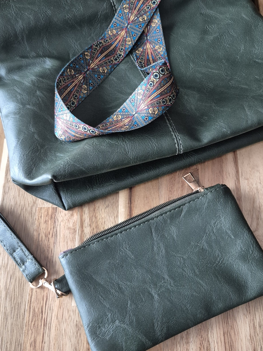 Forest Green Faux Leather Crossbody Bag with Pouch